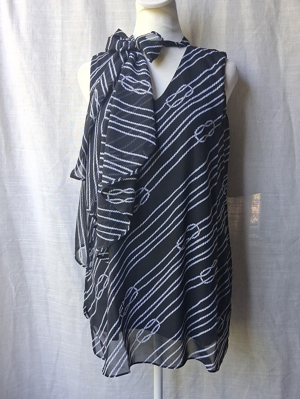Susan Graver Printed Chiffon Sleeveless Lined Tunic Black White XS